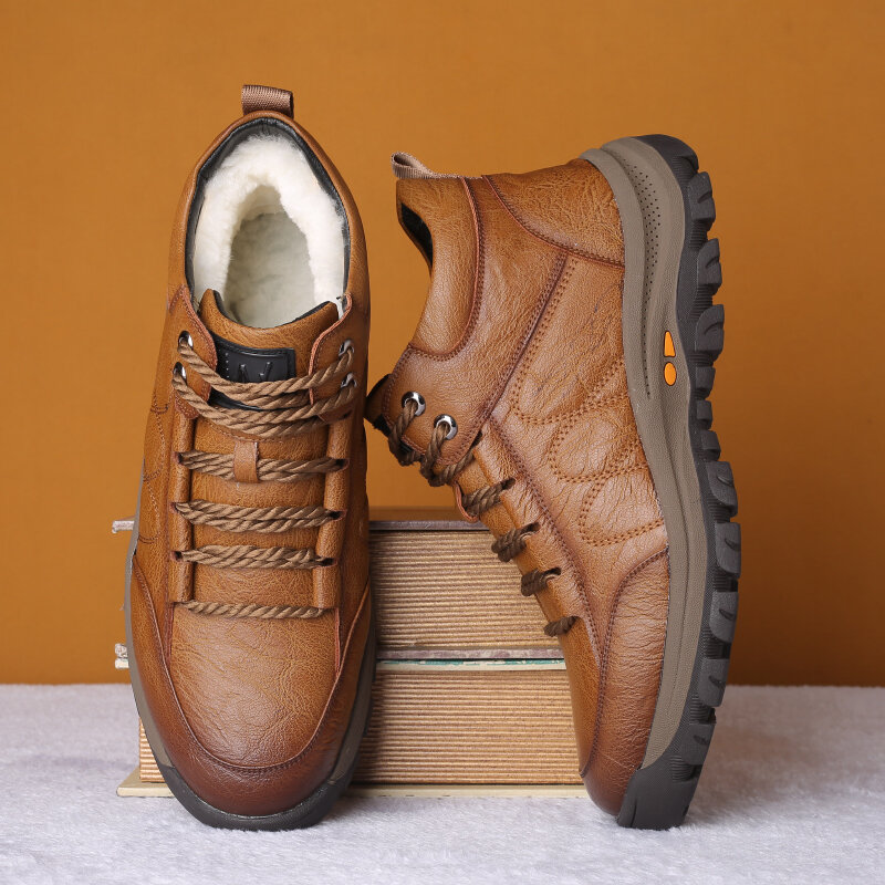 Aiyuqi botas masculinas de couro e microfibra, calçado com renda quente casual e de cano alto, tamanhos grandes 38-46