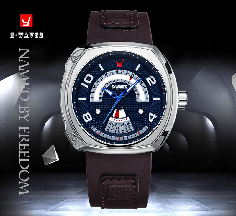 SWAVES Neue Männer Uhr Luxus Einzigartige Mode Quarz Armbanduhr Herren Leder Woche Wasserdichte Große Marke Montre Homme Silber Blau