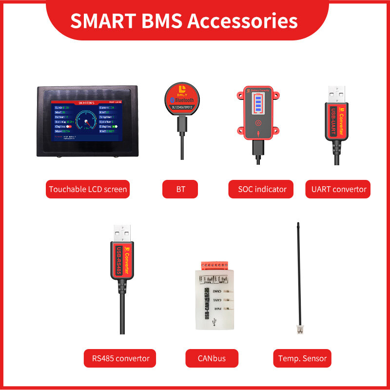 Accesorios BMS inteligentes, cable USB Bluetooth a UART RS485, placa de alimentación CANbus, pantalla LCD táctil para Daly 3s, 4s, 6s, 10s, 13s, 14s, bms