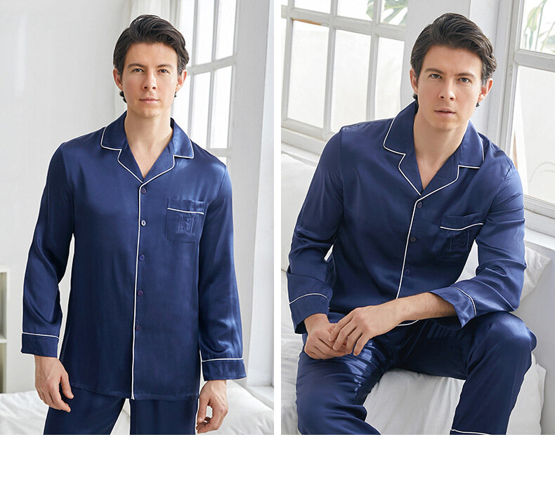 Conjunto de pijama 100% de seda de morera para hombre, ropa de dormir de manga larga, de alta calidad, Natural, para el hogar