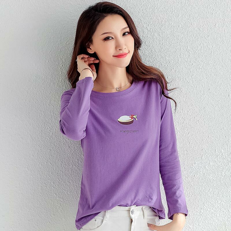 Women's Cotton Long-Sleeved T-shirt Printed Korean Style Student Crew Neck plus Size Outer Wear Bottoming Shirt Autumn and