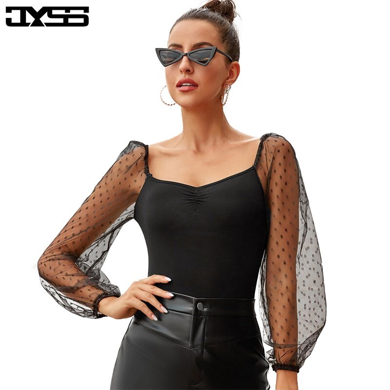 JYSS-body negro con mangas transparentes para mujer, pelele sexy elegante para mujer 60116