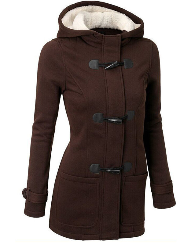 厚く暖かい冬の女性のコートプラスサイズカジュアルなフード付きジャケット女性の古典的なホーンボタン女性の上着無地