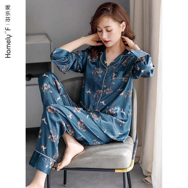 Pajamas WOMEN'S Spring Summer Silk Ice Silk Long Sleeve Clothing Imitated Silk Fabric Thin Spring and Autumn Two-Piece Suit