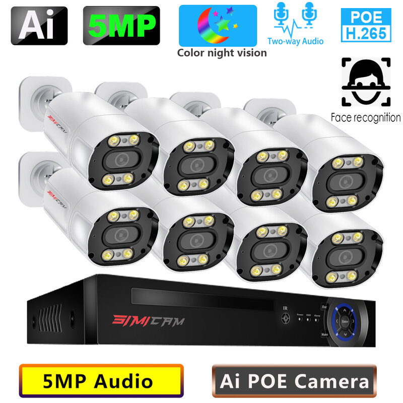 SIMICAM 5MP 8CH PoE Sistem Pengawasan Video Kabel Luar Ruangan PoE IP Kamera NVR Mendukung 4K8MP Wajah Deteksi Area Peringatan Keamanan