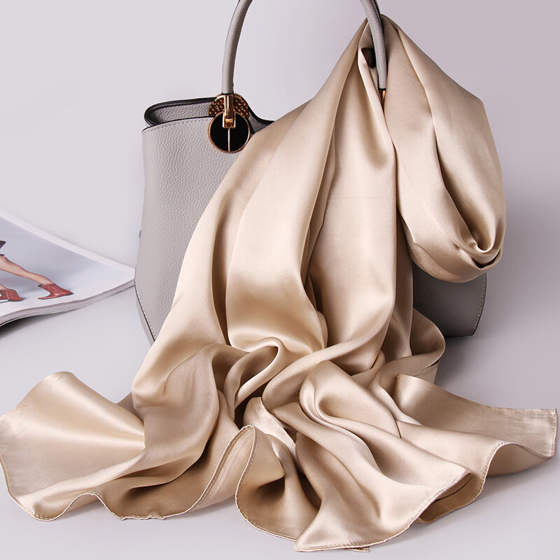 Foulard en soie naturelle 100% pour femmes, Foulard de luxe, châles enveloppés, solide, longue, 175x55cm
