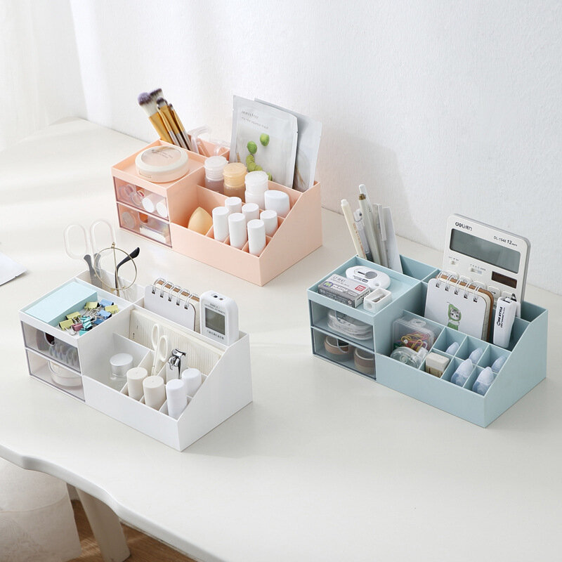 Caja de almacenamiento de cosméticos multifuncional, Partición de escritorio con cajón, caja de almacenamiento de plástico, papelería de joyería, acabado de papelería