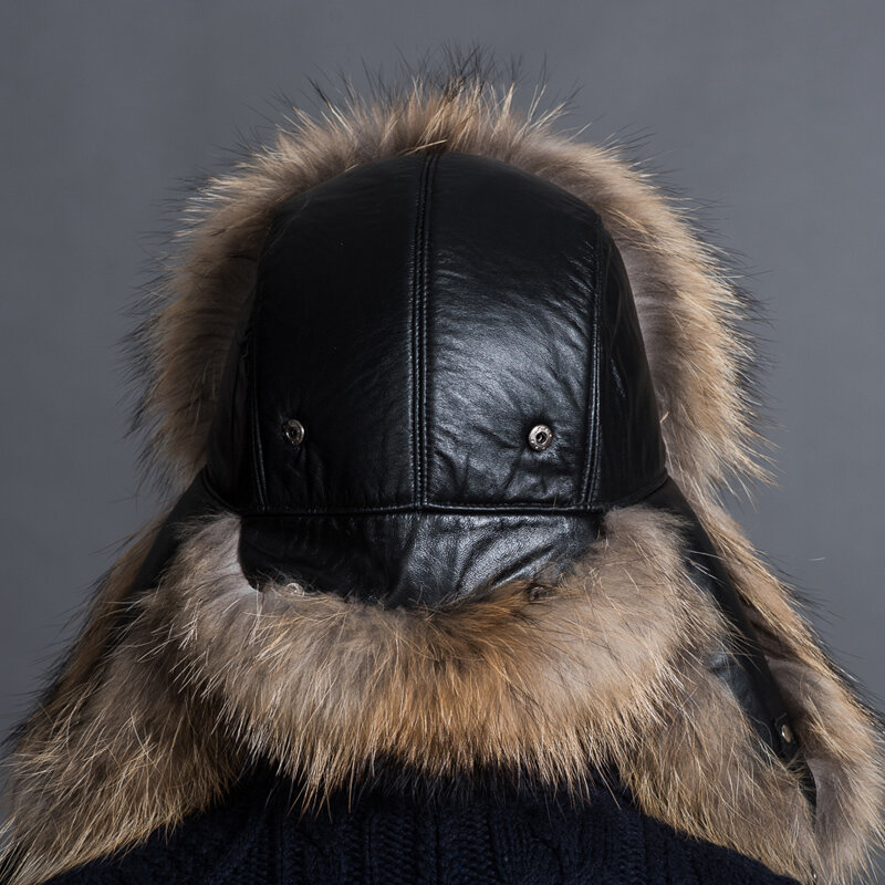 겨울 남자 100% 진짜 실버 폭스 모피 비행가 폭탄 모자 너구리 모피 Ushanka 모자 사냥꾼 러시아 남자 스키 모자 모자 진짜 가죽