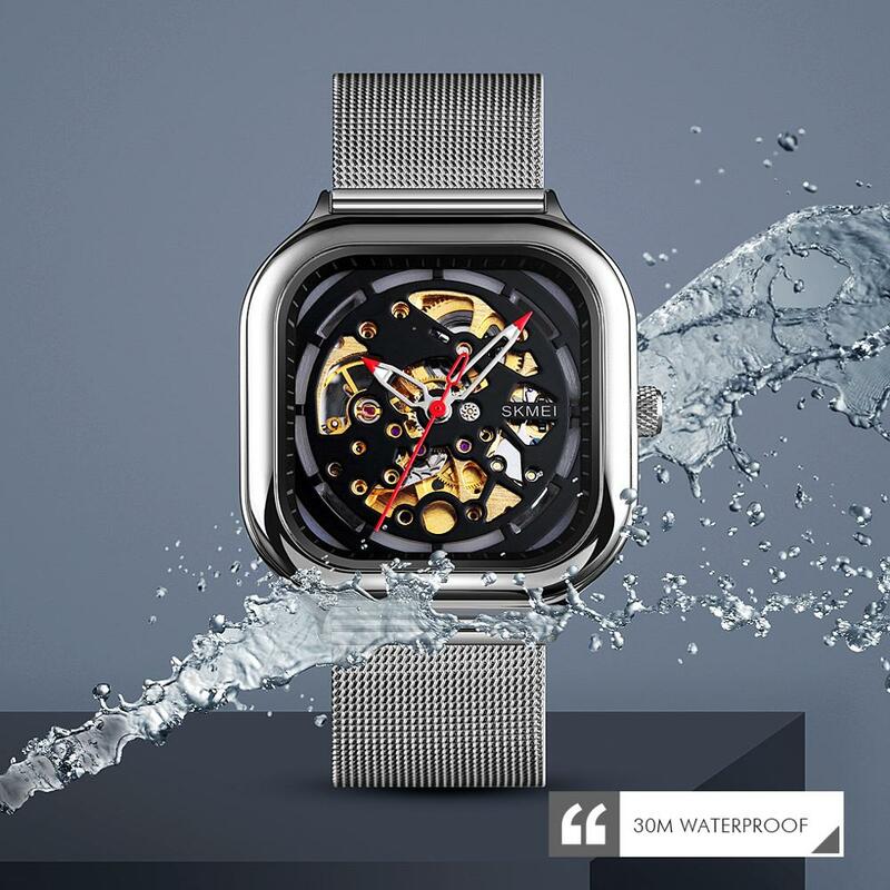 SKMEI-reloj mecánico para hombre, pulsera automática de acero inoxidable, resistente al agua, 9184