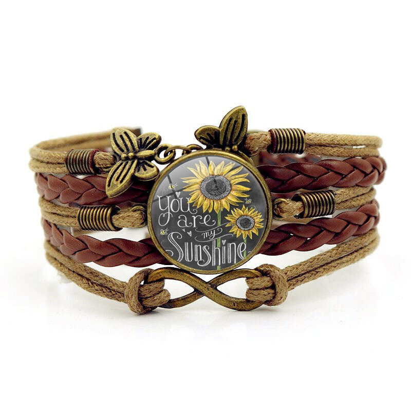 You Are My Sunshine Bracelet Link Time Gemstone Sunflower Wrap Bracelet Retro Leather Braided Butterfly Infinity Knot 8 Bracelet