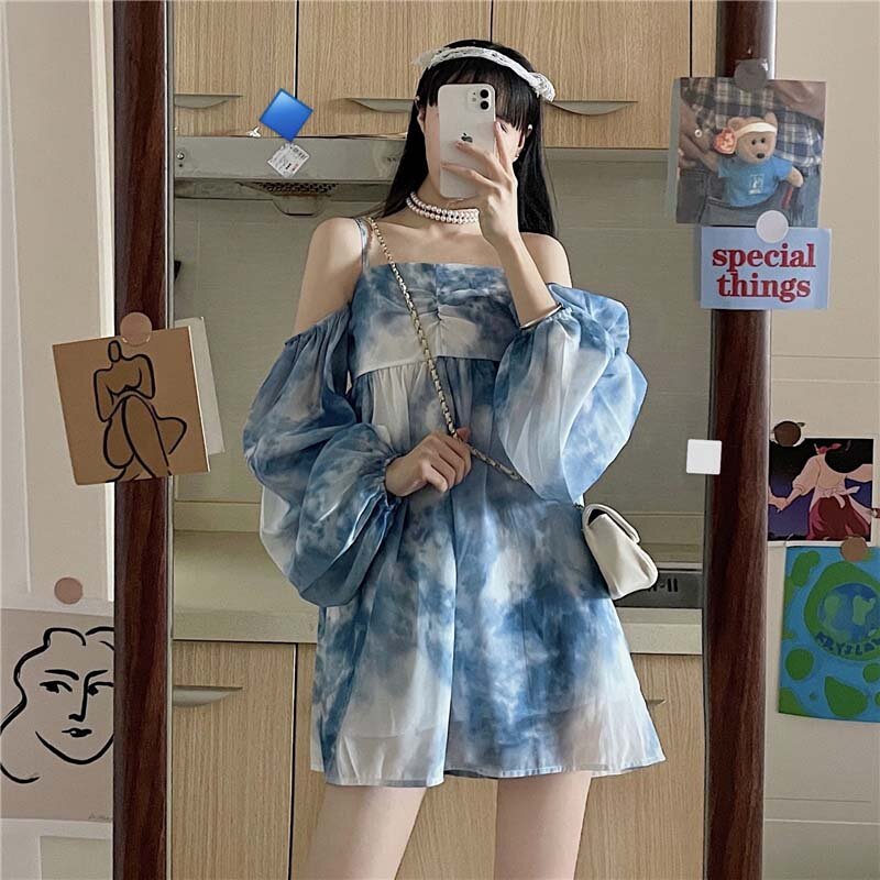 Koreaanse Sling Mini Jurk Vrouwen Zomer 2021 Nieuwe Eerste Liefde Een Woord Kraag Lange Mouw Korte Rok Jurk Design Gevoel jurk Femme