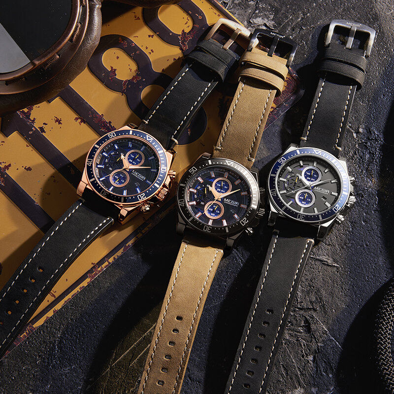 MEGIR – montre en cuir à Quartz pour hommes, chronographe décontracté, marque de luxe, Sport, nouvelle collection 2020