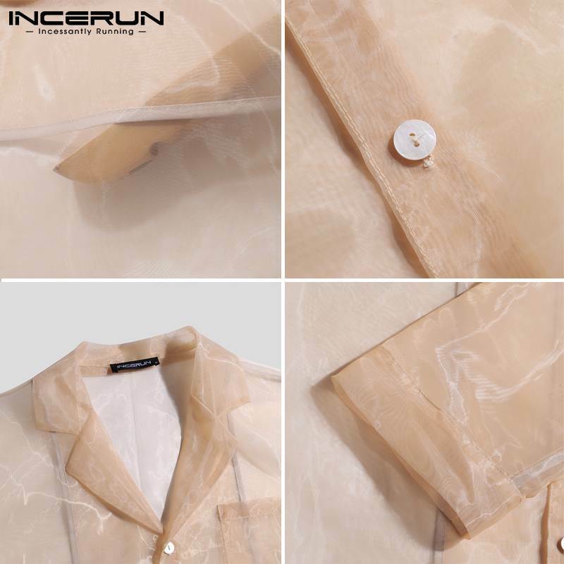 INCERUN-Camiseta informal Sexy para hombre, blusa transparente con solapa de malla transpirable, para fiesta, con estilo, novedad de 2021, S-5XL