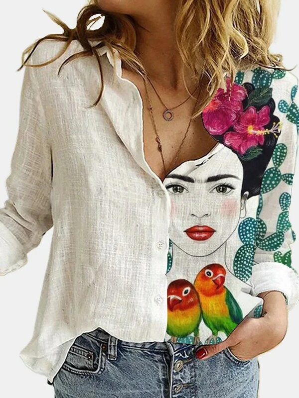 Fashion Retro Portrait Floral Print Women Shirt Autumn Stitching Button Long Sleeve Cotton Linen Blouses Casual Street Lady Top
