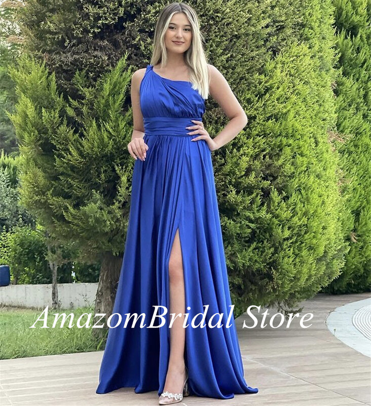 Blue Bridesmaid Dresses One Shoulder A-Line Side Slit Silk Satin Pleated Wedding Gown With Lace Up Back Свадебное платье vestido