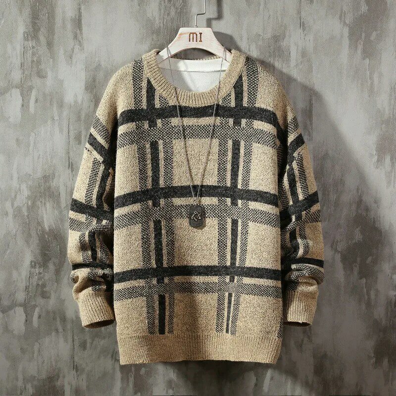 Nowy jesienno-zimowy męski sweter plus rozmiar 5 XL O szyi PLAID swobodny sweter męski Slim Fit marka dzianinowe swetry