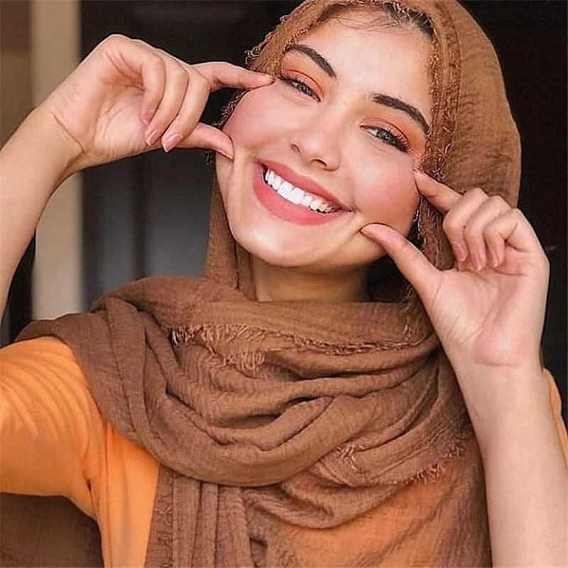 Women Plain Bubble Cotton Hijab Scarf Crinkle Muslim Scarves Foulard Headband Shawl Tassel Pashmina Scarfs Wrap Hot Bandana 2021