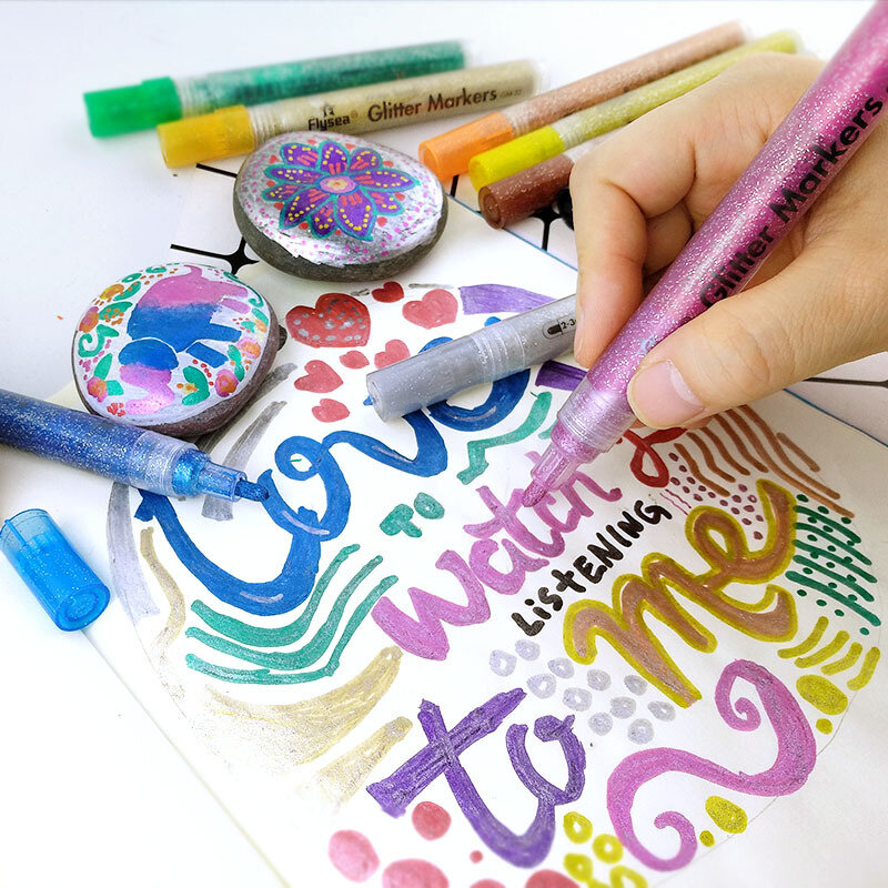 Flysea 12 الألوان بريق معدني أقلام خطاط (ماركر) مجموعة لامع الطلاء علامات أقلام الرسم بطاقات المعايدة المشارك كيد مجلة الملونة