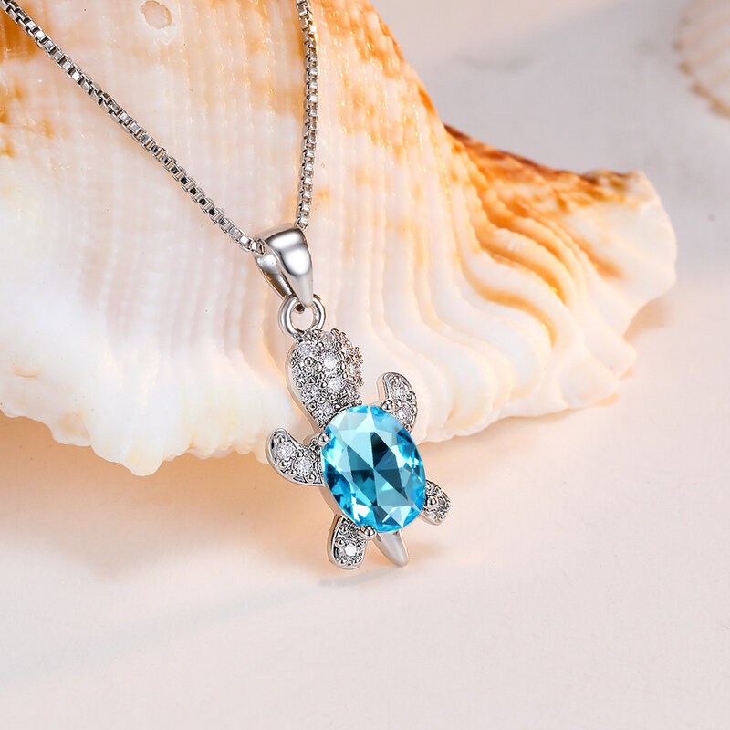 Bohemia Cute Sea Turtle Blue Opal Pendant Necklace For Women Black Rainbow Crystal Zircon Necklaces Wedding Jewelry Gift for Her