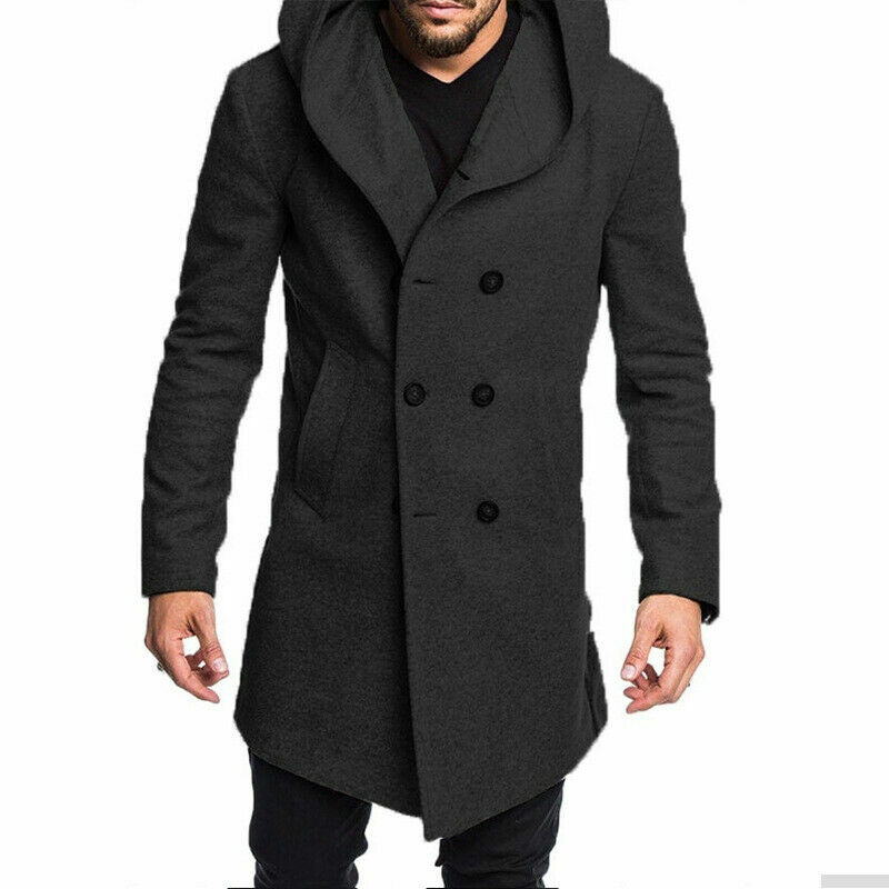 Men's High Quality Wool Double Breasted Coat Hooded Trench Coat Fashion Long Outwear Overcoat Long Sleeve Jacket Size M-XXXL
