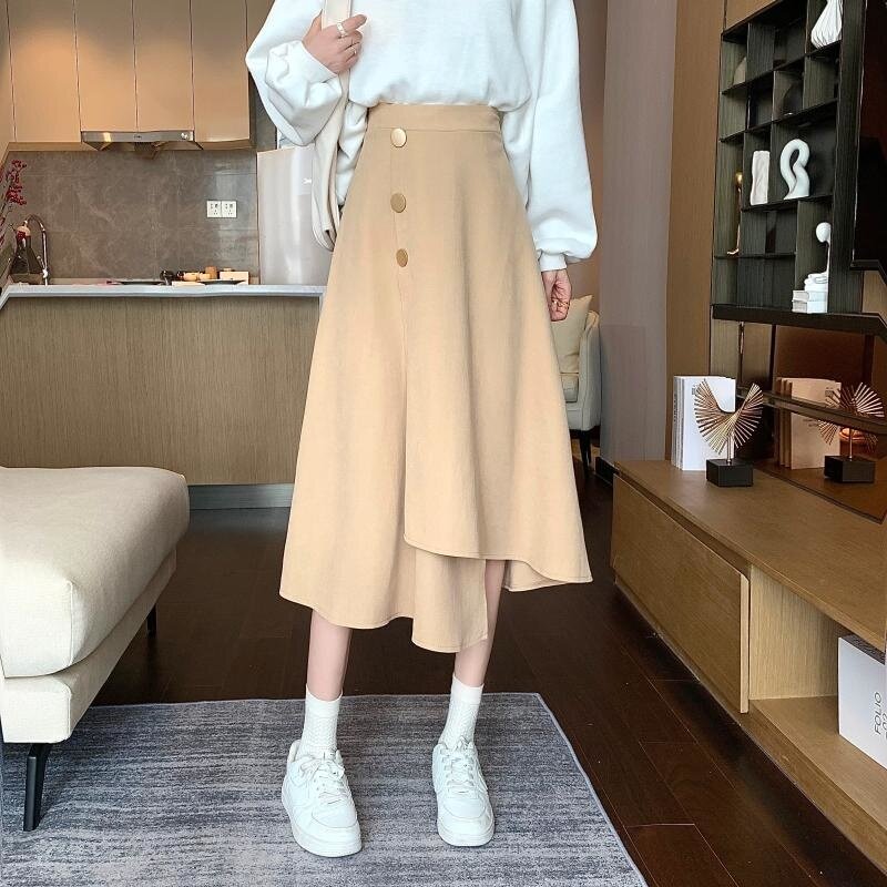 Falda Irregular de cintura alta para mujer, falda de corte en A, diseño delgado, longitud media y larga, para otoño, 2021