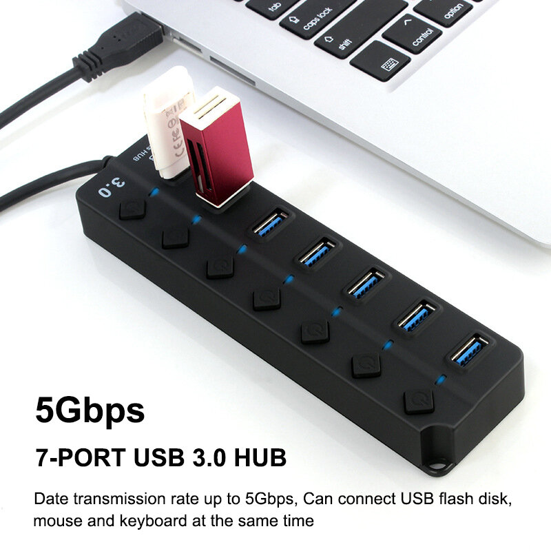 USB Hub 3.0 4 7 Port Indikator LED Sakelar Adaptor Daya Multi Splitter Kecepatan Tinggi untuk MacBook Laptop Pc Aksesori Komputer