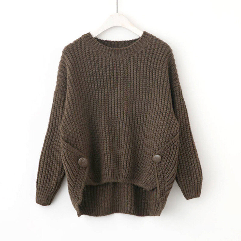 New Knitted Pullover Sweater Women Casual Round Neck Solid Color Korean Loose Irregular Sweater Comfortable  En*