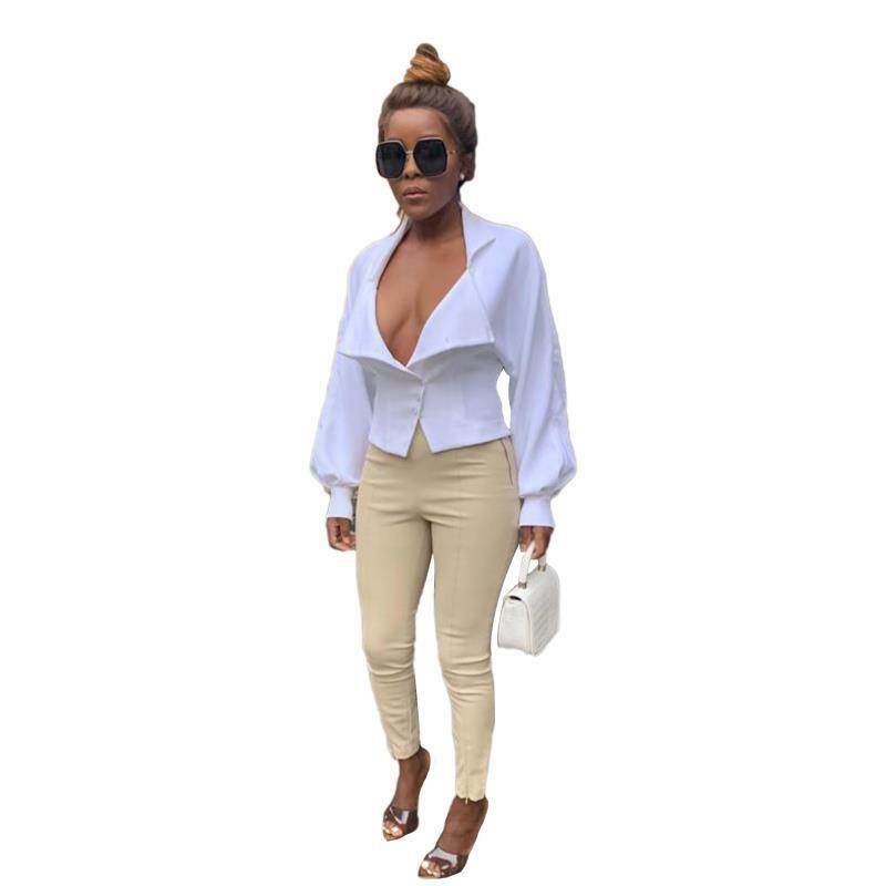 Блузка женская с V-образным вырезом, пикантный модный топ с рукавами-фонариками, Офисная рубашка, белый цвет, весна-осень 2020