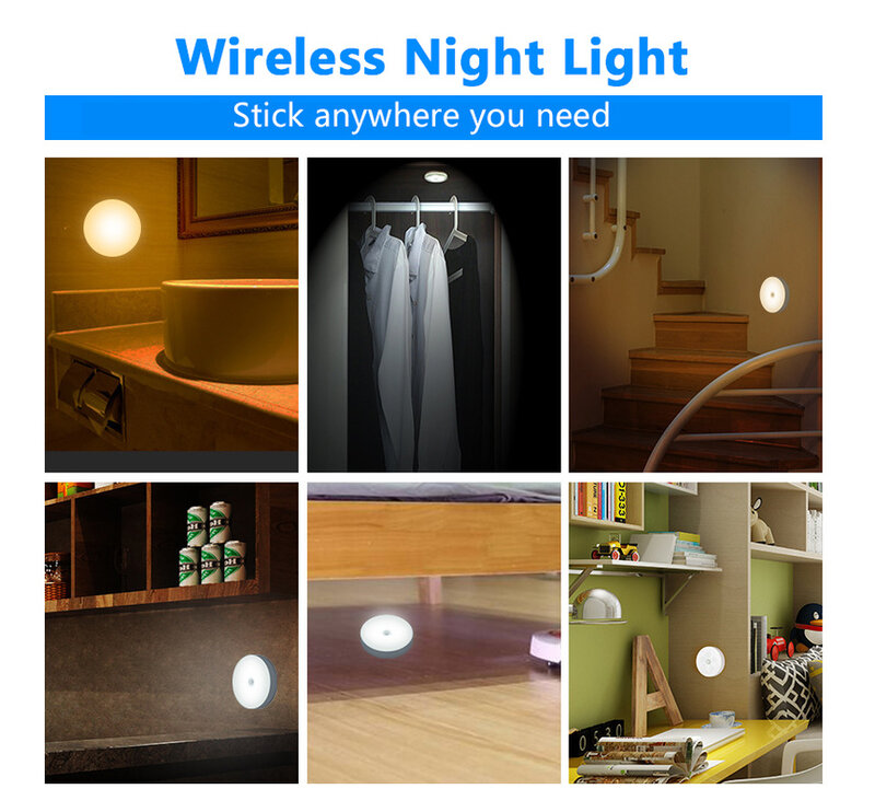 PIR Motion Sensor LED Night Light USB Rechargeable Under Cabinet Lights Auto On/Off for Bedroom Stairs Wardrobe Closet Wall Lamp