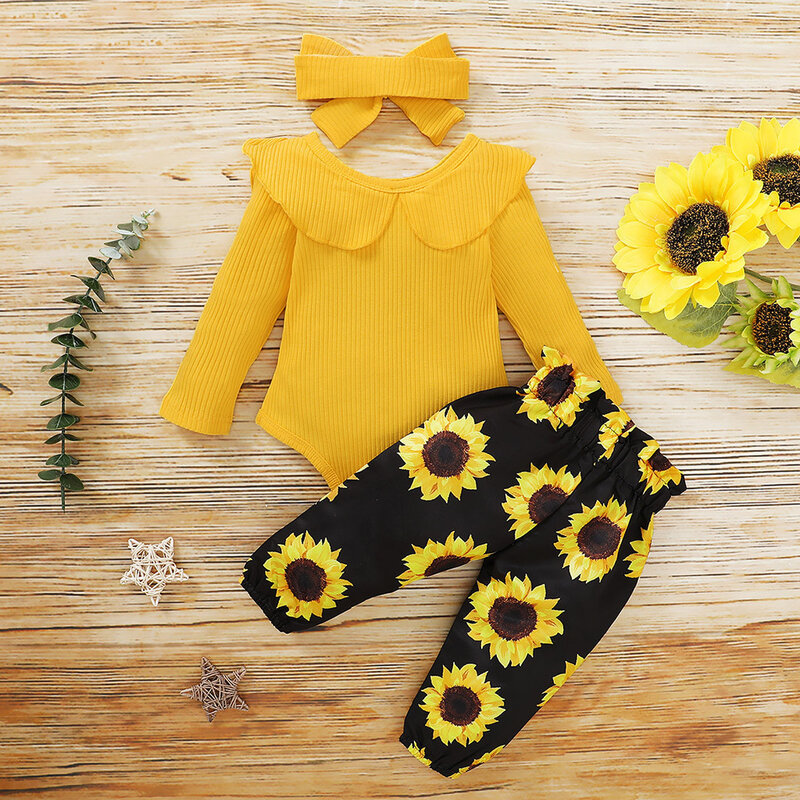 3PC Baby Girl Clothes Set Newborn Kids Clothing Long Sleeve Ruffles Romper Bodysuit+Floral Pants Outfits Infant New Born Clothes