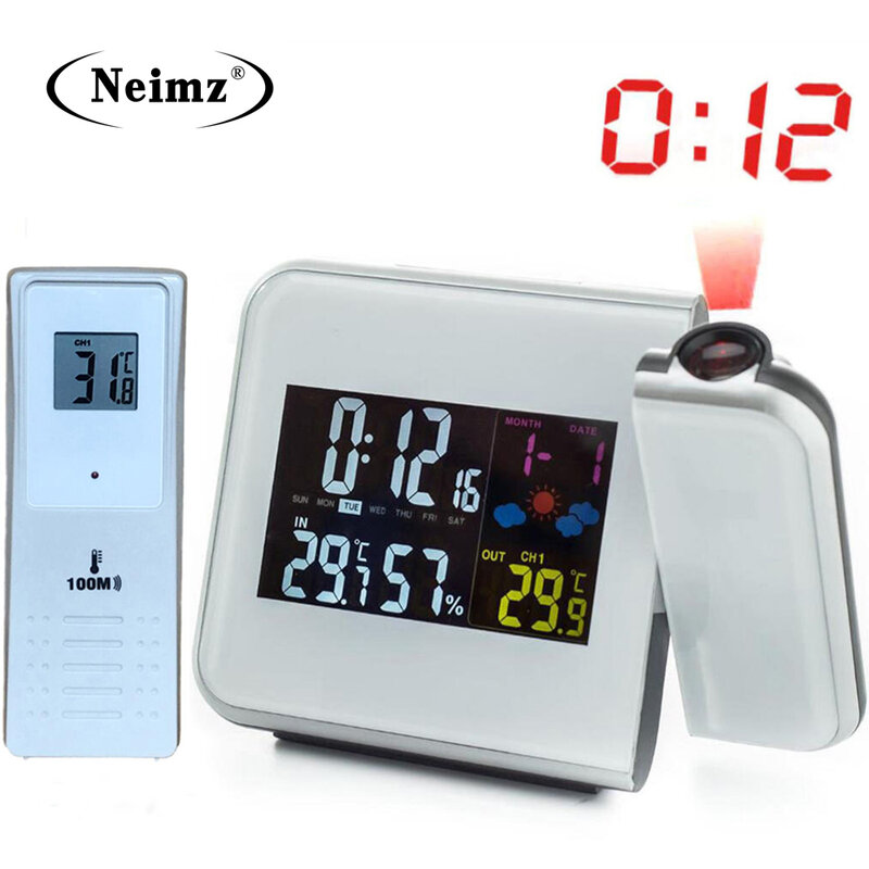 Digital Projection Alarm Clock Weather Station with Temperature Thermometer Humidity Hygrometer/Bedside Wake Up Projector Clock