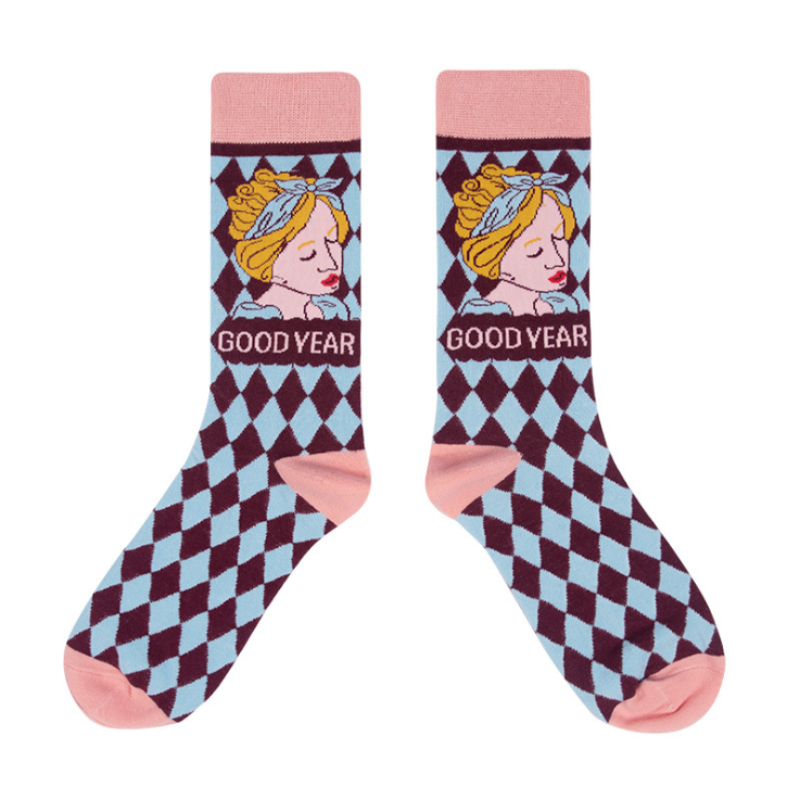 Harajuku nuevo producto engrosada ilustración de celosía Lolita calcetines de dibujos animados lindo algodón japonés de las mujeres calcetines de tubo medio de calcetines