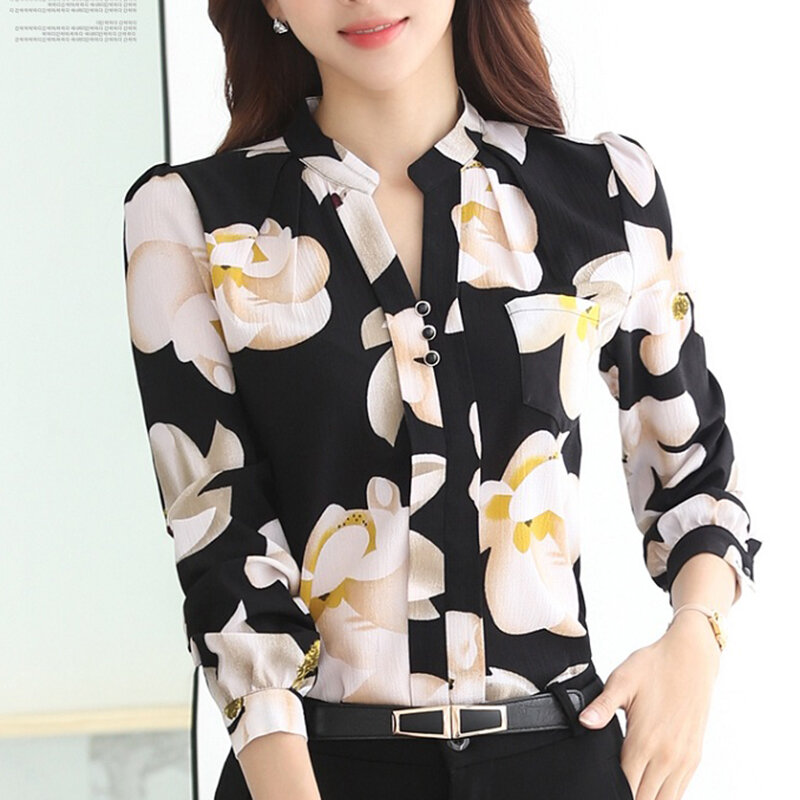 Moda outono manga longa blusas femininas com decote em v impressão chiffon camisa feminina senhora do escritório mais tamanho senhoras blusas topo mujer 882g 25