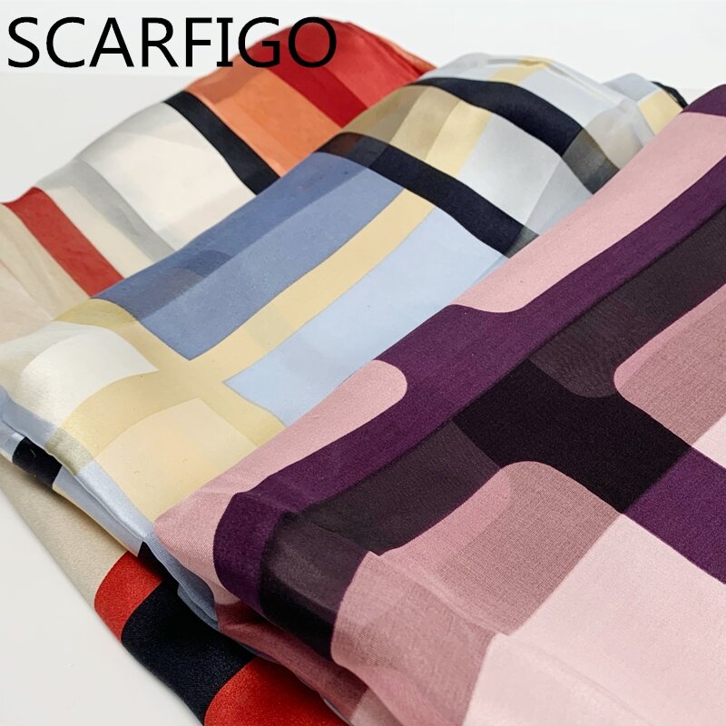 SCARFIGO-bufandas de seda 100% para mujer, pañuelo cuadrado grande para el cuello, a cuadros, de moda, 85x85cm