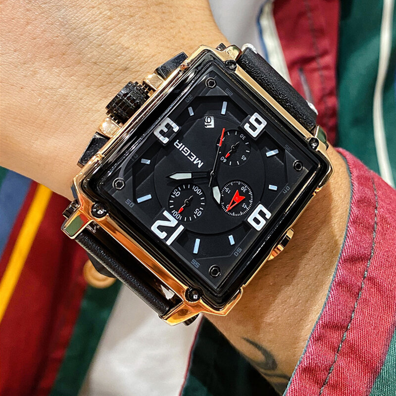 Top Marke Luxus MEGIR Kreative Männer Uhr Chronograph Quarz Uhren Uhr Männer Leder Sport Army Military Armbanduhr Saat 2020