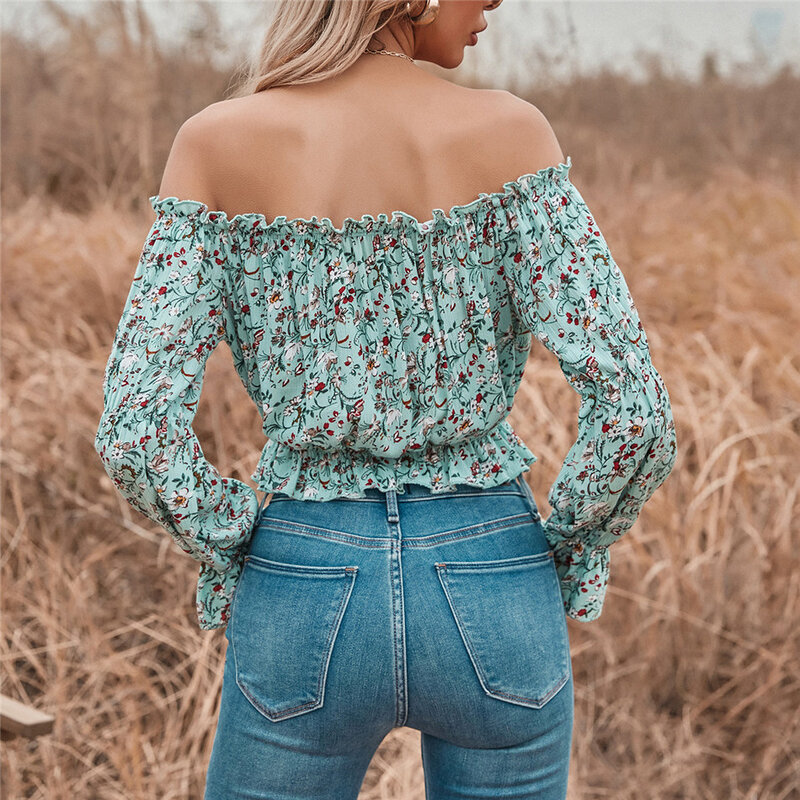 Green Off Shoulder Floral Printed Women Shirt One Shoulder Long Sheelves Chiffon Tops Summer Elegant Holiday Female Top