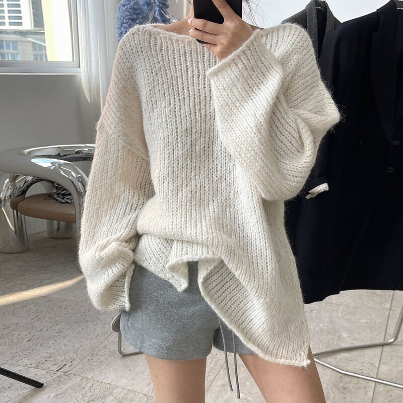 Top autunnali per donna moda coreana sciolto maglione a fondo pigro camicetta semplice Casual girocollo Pullover bianco Dames Trui 2021