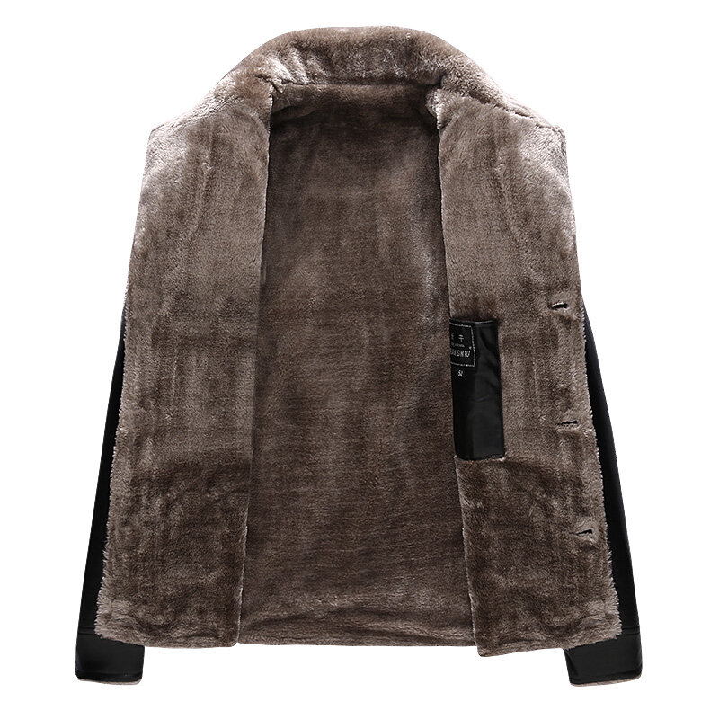 ChangNiu czarne kurtki ze sztucznej skóry mężczyźni w średnim wieku Faux futro wewnątrz jesień zima ciepła skórzana kurtka płaszcz z kieszeniami pełna rękaw