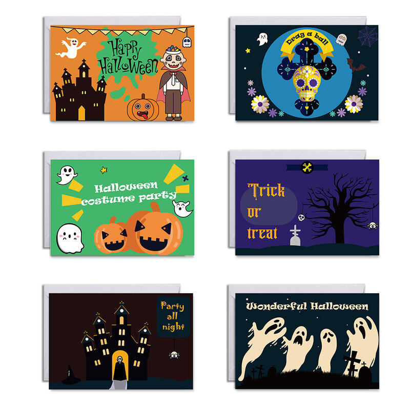 Tarjetas de Felicitación de Halloween con sobres y pegatinas, tamaño de 4 "x 6", para suministros de fiesta de Halloween y recuerdo de fiesta, 6 uds.