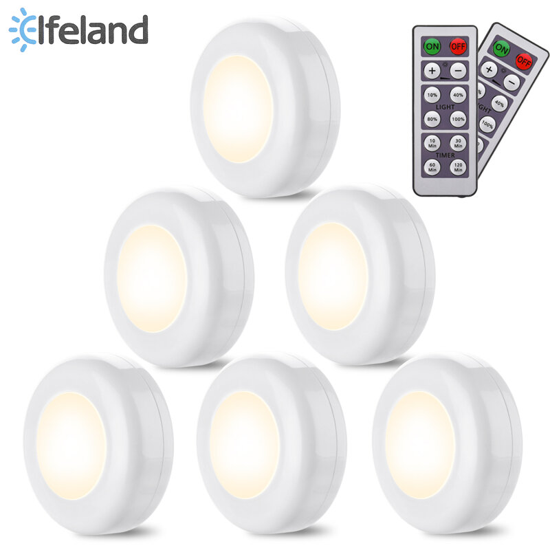 Elfeland 6 Buah Lampu Lemari Lampu Kabinet LED dengan Dua Remote Control 4000K Lampu Malam untuk Lemari Dapur Kamar Tidur Koridor