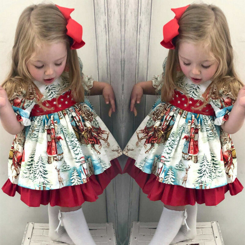 2019 Di Natale della principessa vestito sveglio del bambino del bambino della ragazza del vestito del fumetto stampato bow tie belt increspato tutu dolce vestito di compleanno del bambino