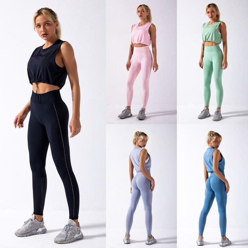 Mulheres ternos de yoga roupas esportivas cintura alta agachamento à prova fitness calças soltas com cordão superior workout conjunto roupas ginásio treino