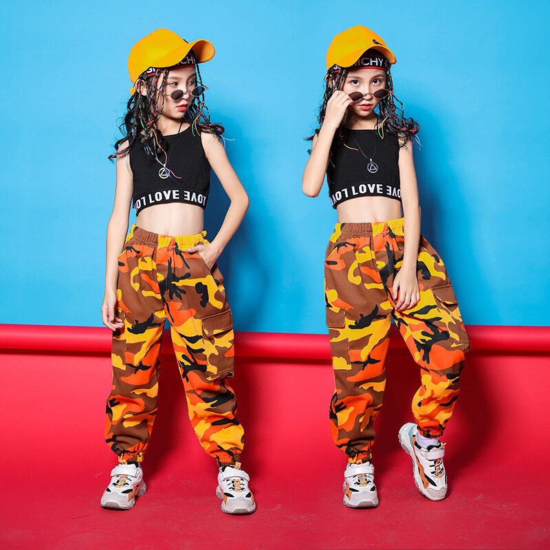 Kid Hip Hop Kleidung Schwarz Tank Top Crop Camouflage Tactical Cargo Hosen für Mädchen Jazz Dance Kostüm Tanzen Kleidung Streetwear