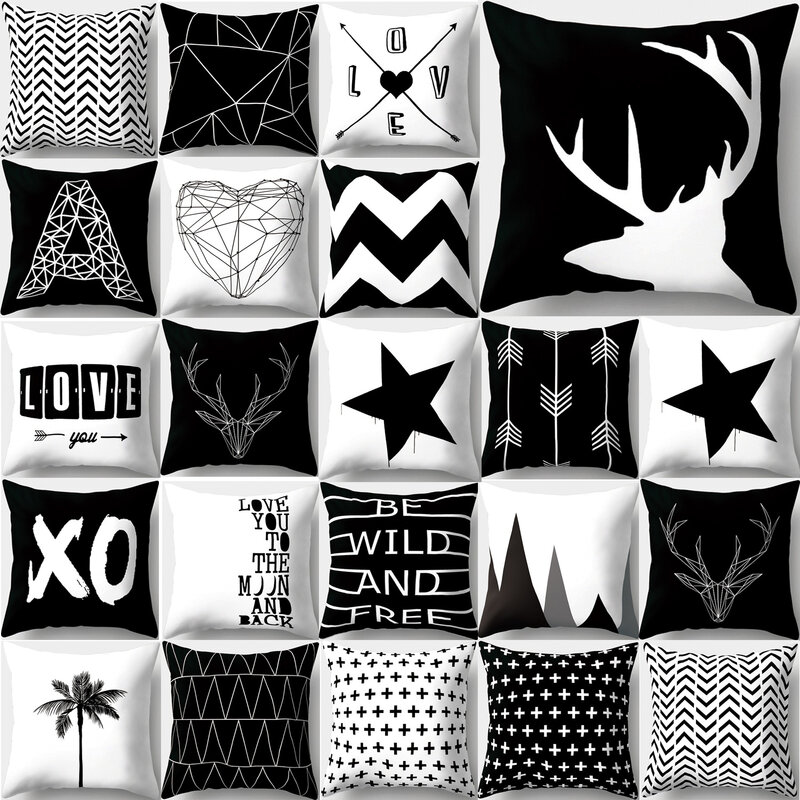 Housse de coussin géométrique en Polyester, taie d'oreiller décorative pour voiture, canapé, lit, 45x45cm, nordique INS, noir et blanc