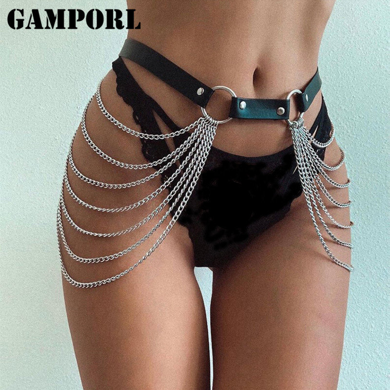 GAMPORL-arnés de cuero con liguero para mujer, medias con tirantes, ataduras para el cuerpo, arnés para piernas, jaula, banda para la cintura, cinturones de cadena