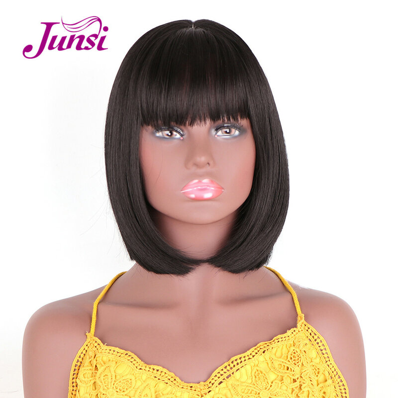 JUNSI-peluca corta y recta con flequillo para mujer, pelo sintético, color negro, resistente al calor, para Cosplay