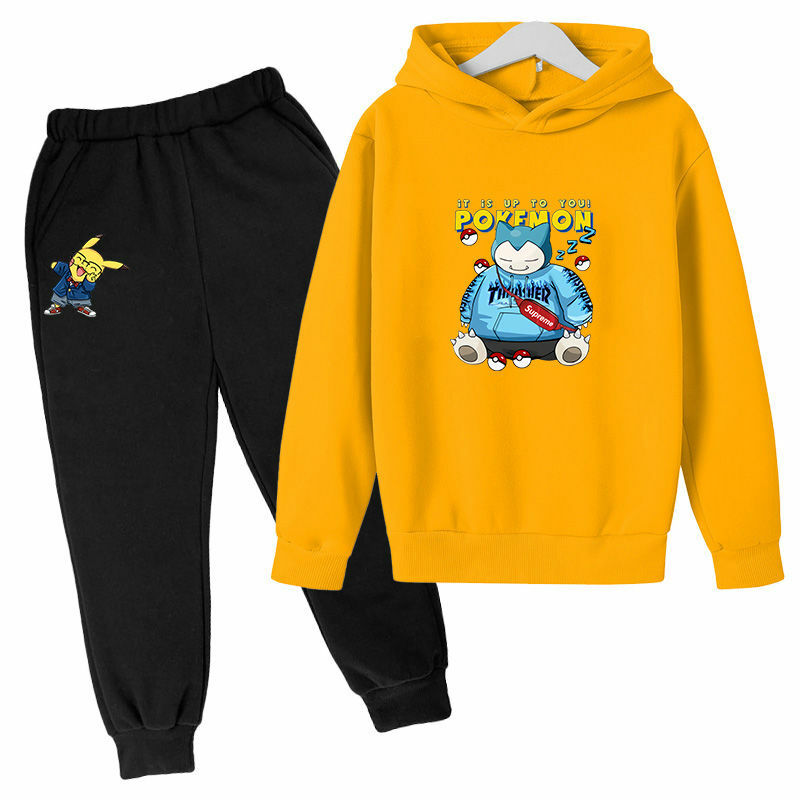 2021 Spring New Pikachu Hoodie Suit pantaloni a maniche lunghe per bambini sport Casual abito a due pezzi per ragazze e ragazzi di età compresa tra 4 e 14 anni