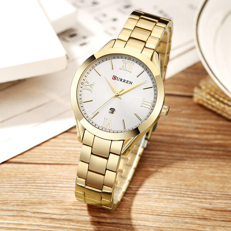 Curren relógio de pulso de ouro rosa feminino, relógio de quartzo para mulheres fashion casual de marca de luxo 9007