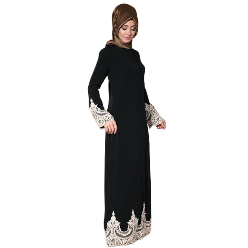 Vestido musulmán de manga larga para mujer, elegante vestido largo de encaje con hebilla completa a la moda, Color puro, 2021