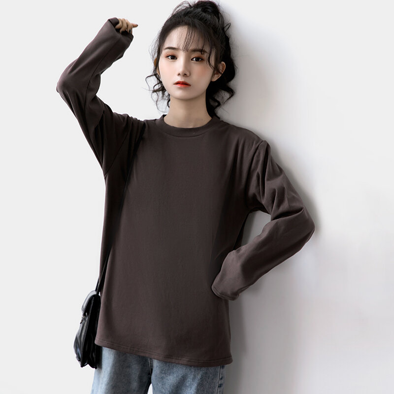 2021 봄 새로운 레트로 홍콩 스타일 커피 컬러 & 긴팔 티셔츠 여성 레이저 광학 법 후핑 머리에 따라